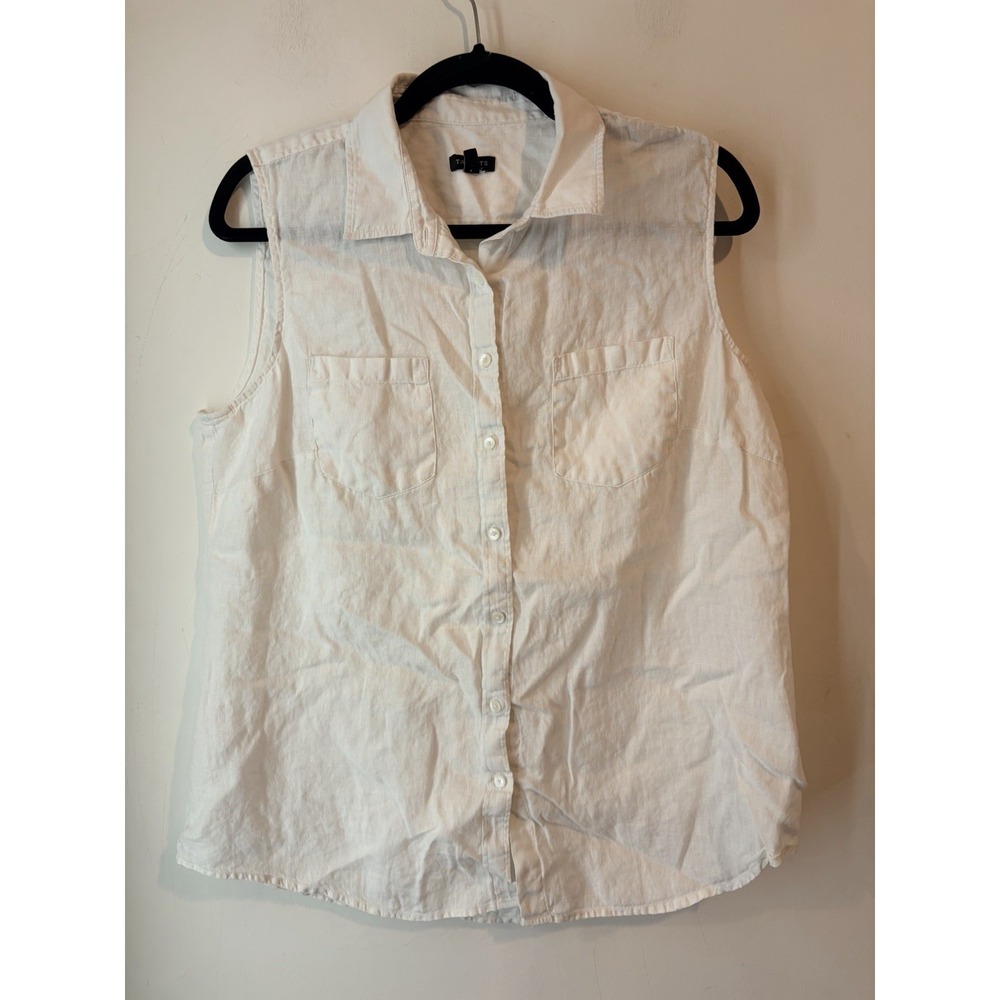 Talbots White 100% Linen Sleeveless Button Front Shirt Large Pockets Top